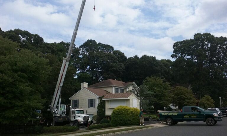 Crane truck and company pickup on a residential street preparing to lift a shed into a backyard